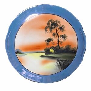 VTG Noritake Lustreware Hand Painted Scenic Landscape Plate Blue Rim 1918-25